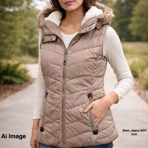 Green Tea Faux Fur Hooded Puffer Vest Women L Sherpa Lined Taupe Cozycore Ski
